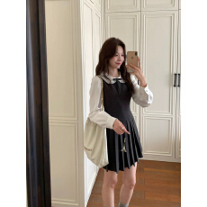 批发Even一雯【留洋千金】韩系高智感秋冬精致甜美减龄假两件百褶连衣