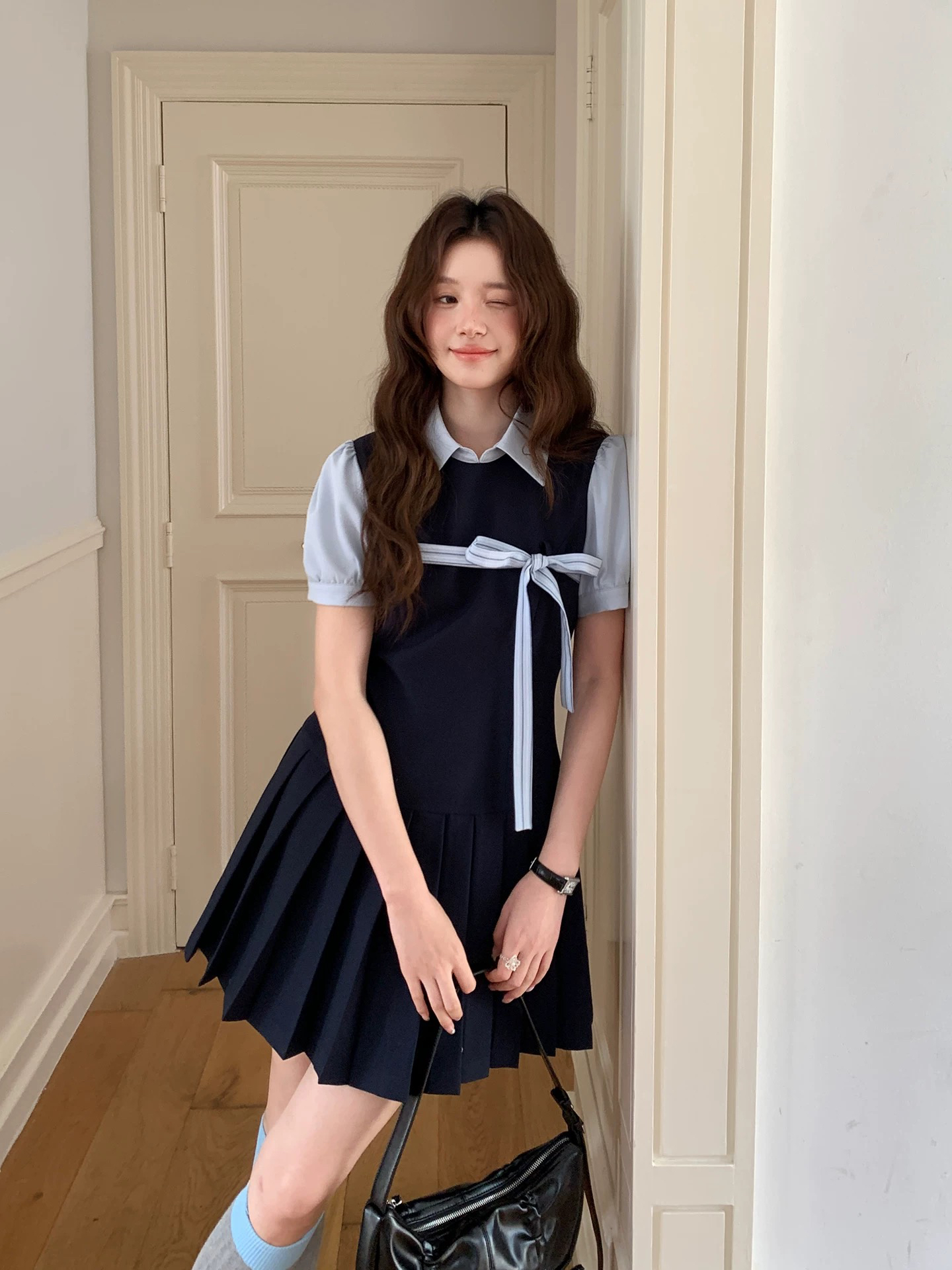 even 하나 원자바오 높음 지혜 miu 왕 한 부서 높음 지혜 센스 페이크 레이어드 miu 부서 드레스 학원 스타일 플리츠 짧은