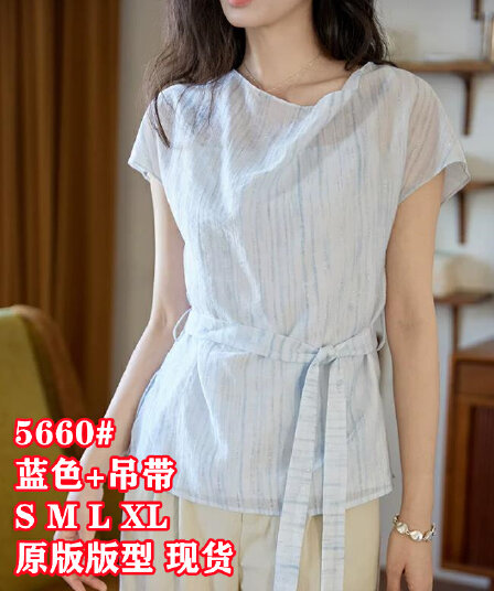 파란색 흔들다 칼라 프린트 뜨거운 은 레이스업 반팔 여성 셔츠 여름 프랑스식 레트로 허리 수축 맨위