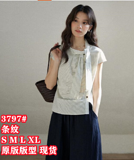 일상 세로 줄무늬 반팔 여성 셔츠 여름 면 소재 비대칭 디자인 센스 리본 칼라 심지어 어깨 소매 맨위