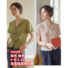 批发天丝苎麻翻领短袖衬衫女复古短款通勤小衫夏