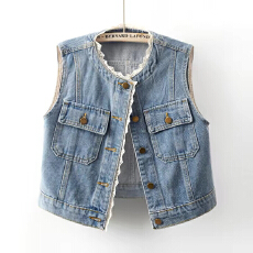 批发2026春秋新款<b class='q'>设计</b>感蕾丝花边圆领牛仔马甲女短款无袖坎肩背心上衣