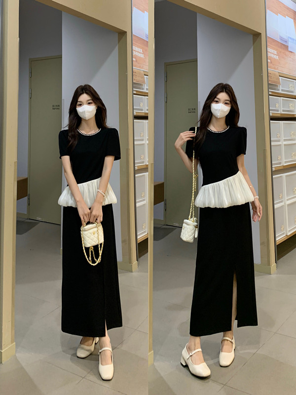 실사 빅 사이즈 2026 여름 새로운 명문 여성 품격 라운드 넥 비즈 박기 프릴 슬림해 보이는 롱 코트 트임 드레스