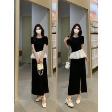 批发实拍大码2026夏季新款名媛气质圆领钉珠荷叶边显瘦长款<b class='q'>开叉</b><b class='q'>连衣裙</b>