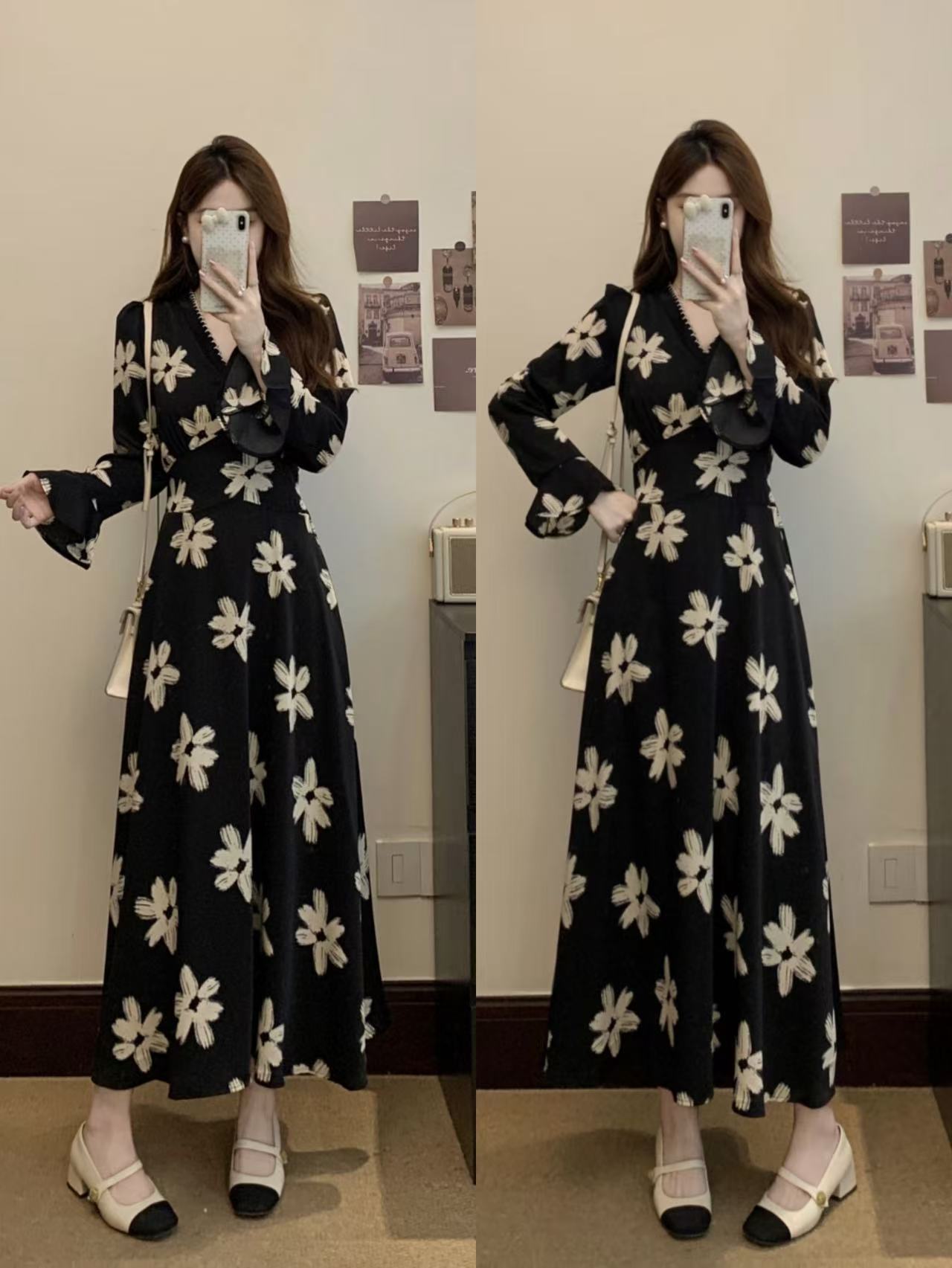 실사 빅 사이즈 지방 mm 프랑스식 레트로 품격 꽃무늬 여성 드레스 가을 2025 새로운 허리 수축 슬림해 보이는 A라인 스커트