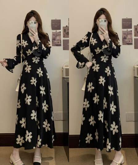 실사 빅 사이즈 지방 mm 프랑스식 레트로 품격 꽃무늬 여성 드레스 가을 2026 새로운 허리 수축 슬림해 보이는 A라인 스커트