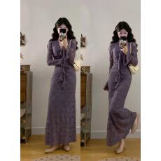 批发实拍大码法式气质蝴蝶结v领收腰长袖镂空蕾丝裙2025秋冬新款长裙