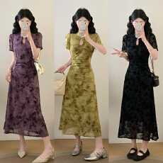 批发实拍大码胖mm夏季新款收腰新中式气质短袖<b class='q'>连衣裙</b>