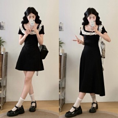 批发实拍大码法式赫本风方领黑色<b class='q'>连衣裙</b>女夏高级感<b class='q'>蕾丝</b>边显瘦收腰裙子