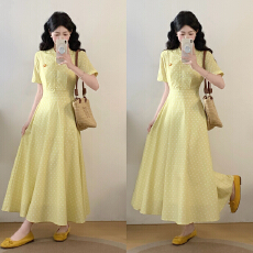 批发实拍2026新款法式黄色<b class='q'>波点</b>短袖衬衫<b class='q'>连衣裙</b>夏季高级感气质收腰长裙