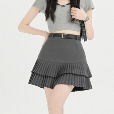 批发实拍202年春夏新款<b class='q'>西装</b>面料学院风百褶<b class='q'>裙</b>A字<b class='q'>裙</b>配腰带半身<b class='q'>裙</b>