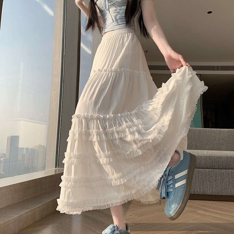 실사 2026 년 봄 여름 새로운 여성 복수 목이버섯 레이스 중간 길이 스커트 빅 플레어 스커트 반신 스커트