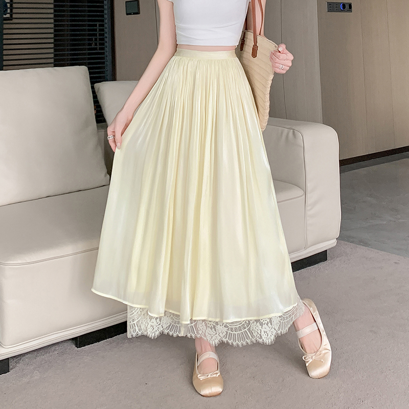 실사 2026 년 여름 새로운 프랑스식 깃발 모래 레이스 조각 우아한 중간 길이 스커트 허리밴드 반신 스커트