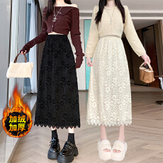 批发实拍视频加绒加厚针织蕾丝<b class='q'>半身裙</b>松紧高腰显瘦中长款a字包臀裙子