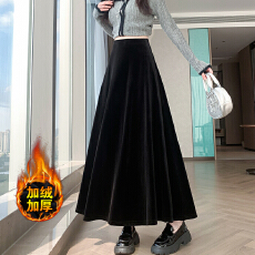 批发实拍视频加绒加厚黑色金丝绒<b class='q'>半身裙</b><b class='q'>高腰</b>修身显瘦垂感柔软长A字裙