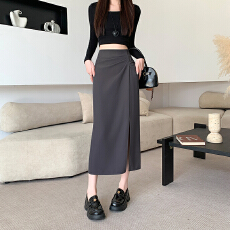 批发实拍视频黑色开叉西装<b class='q'>半身</b>裙春夏设计感抽褶高腰中长款直筒包臀裙
