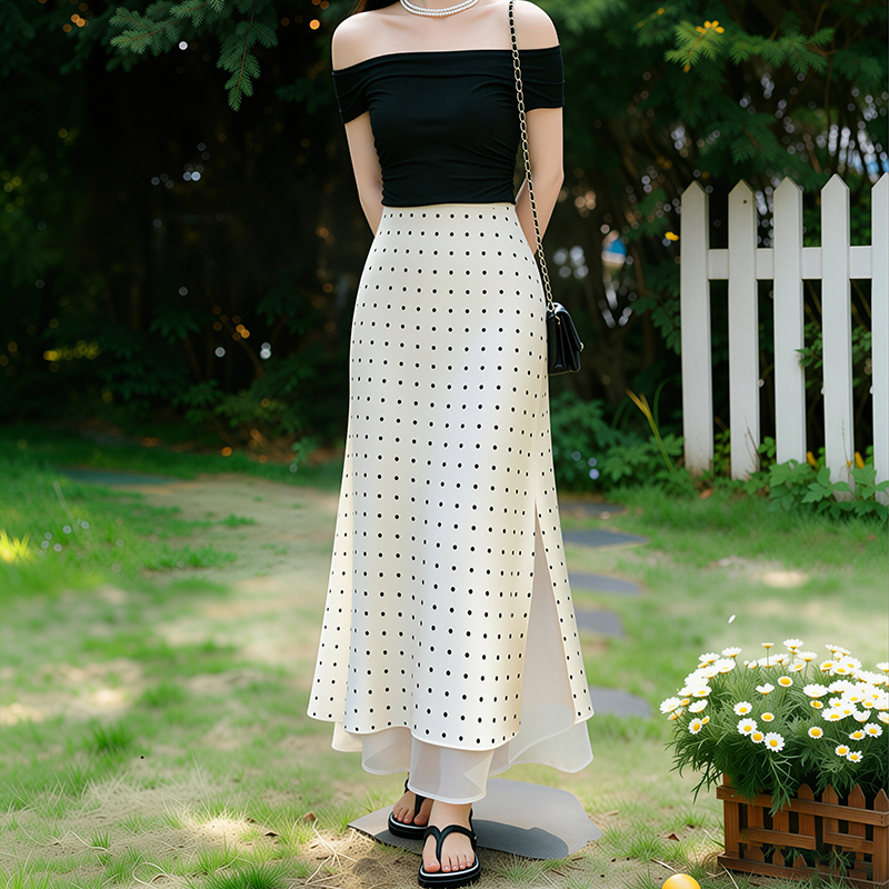 실사 봄 여름 새로운 프랑스식 고급 센스 살구 색상 도트 무늬 새틴 반신 스커트 슬림해 보이는 망사 패치워크 한 마디 롱 스커트