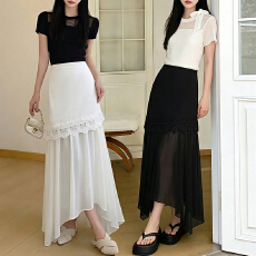 批发2026春夏新款通勤风<b class='q'>蕾丝</b>花边撞料拼接雪纺不规则A字裙层次感半裙