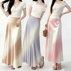 批发2026夏轻奢醋酸重磅垂感丝滑渐变半身裙缎面高腰显瘦半身A字长裙