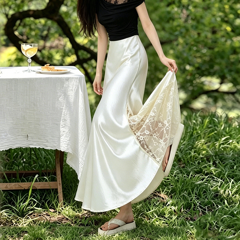 실사 빛 럭셔리 아세트산 무거운 도루 센스 실크 미끄러짐 롱 스커트 레이스 새틴 하이웨이스트 슬림해 보이는 반신 인어 꼬리 한 마디 롱 스커트