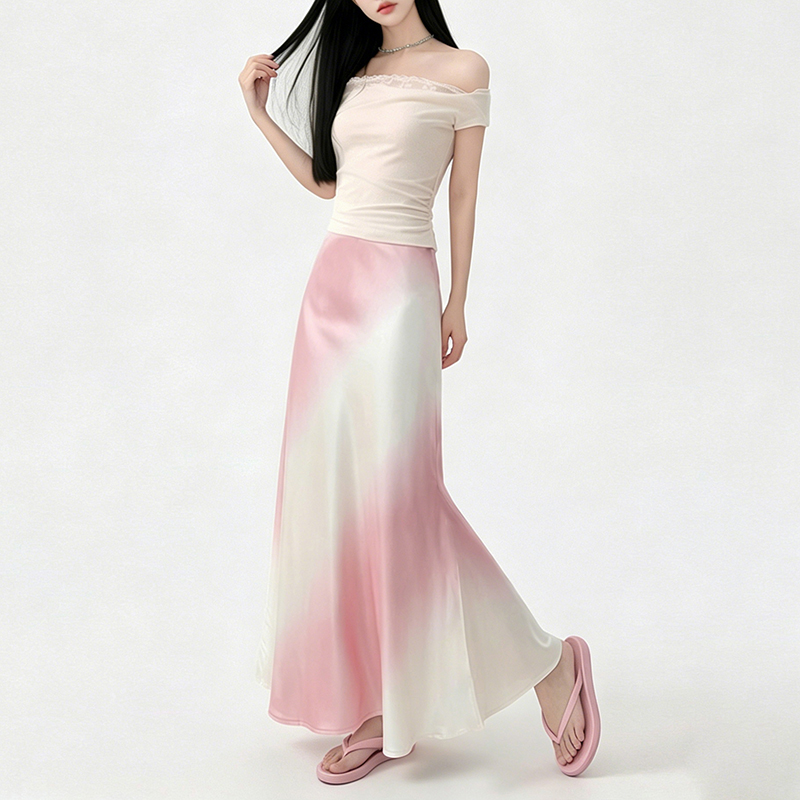 실사 여름 빛 럭셔리 아세트산 무거운 도루 센스 실크 미끄러짐 그라데이션 반신 스커트 새틴 하이웨이스트 슬림해 보이는 반신 한 마디 롱 스커트
