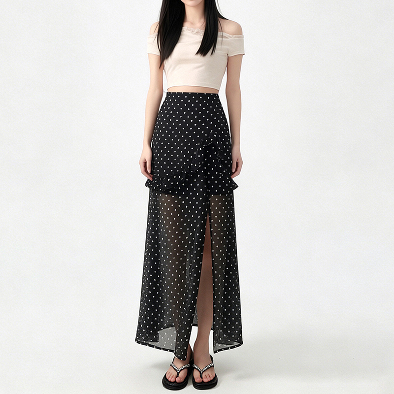 실사 봄 여름 새로운 프랑스식 그는 벤 바람이 아닙니다. 규칙 도트 무늬 반신 스커트 품격 레트로 하이웨이스트 슬림해 보이는 길다 치마