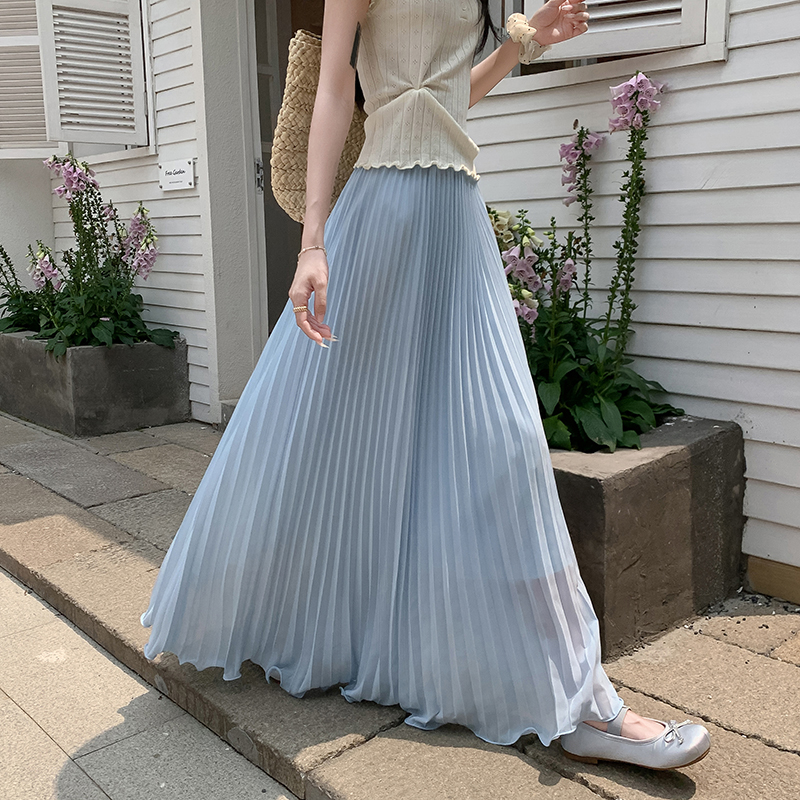 실사 화이트 쉬폰 반신 스커트 봄 여름 허리밴드 도루 센스 하이웨이스트 슬림해 보이는 큰 진자 플리츠 롱 코트 한 마디 롱 스커트
