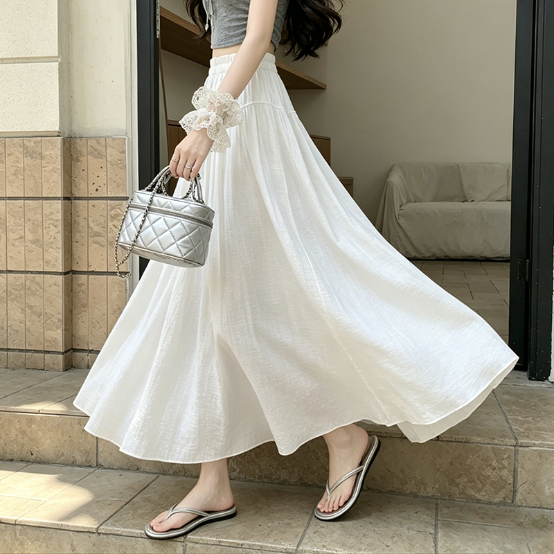실사 화이트 펌프 로프 면 린넨 반 스커트 한 마디 반신 스커트 하이웨이스트 우산 치마 중간 길이 큰 진자 표지 넓적 다리 치마 롱 스커트