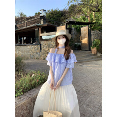 批发实拍实价 法式荷叶边一字肩提花上衣+百褶半身裙