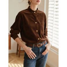 时尚复古百搭别致设计小众2025秋冬季棕色立领磨毛灯芯绒长袖衬衫