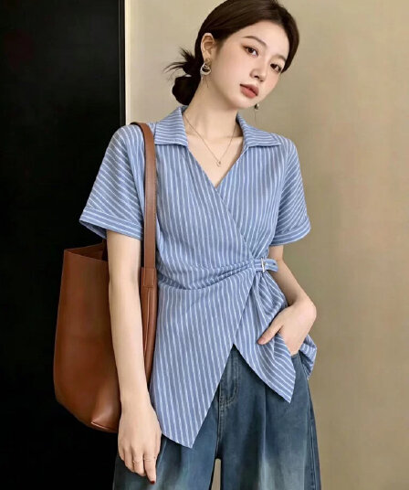 파란색 스트라이프 반팔 폴로 칼라 바지를 입는 셔츠 여름 한 스타일 허리 수축 십자가 V넥 맨위 여성