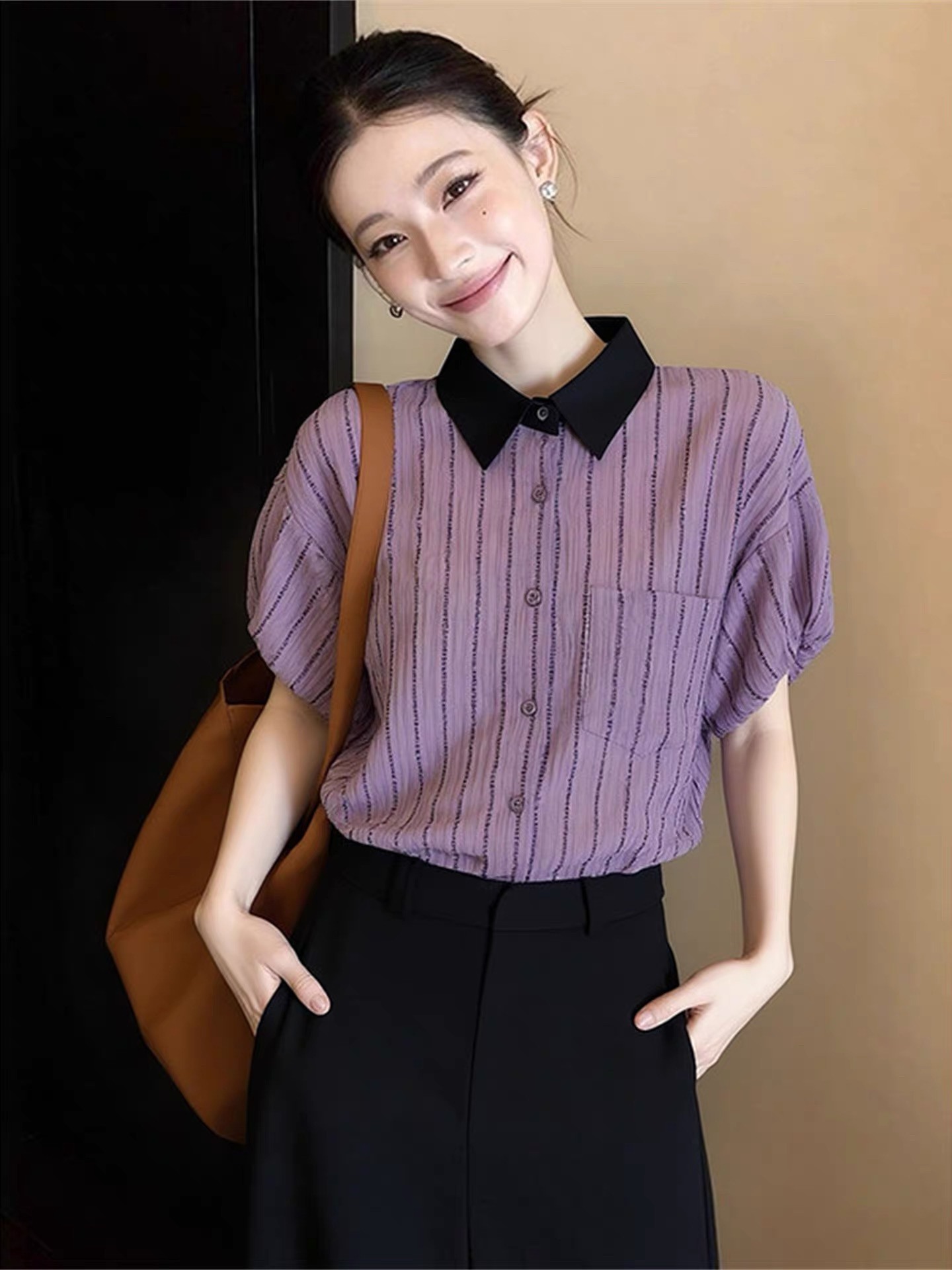 POLO 칼라 스트라이프 반팔 여성 셔츠 여름 2026 년 새로운 고급 센스 아름다운 맨위 연령 감소 다용도 작은 셔츠