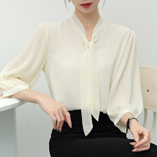批发实拍~七分袖v领飘带雪纺衬衣女新款法式气质风琴百褶袖上衣