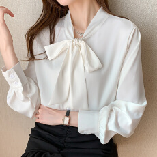 批发2026春季新款法式长袖气质立领<b class='q'>雪纺衫</b>蝴蝶结宽松<b class='q'>白色</b>衬衫上衣女