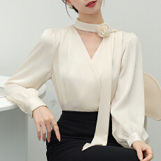 批发2026春季玫瑰胸花飘带衬衫女新款<b class='q'>职业</b>通勤衬衣法式气质V领上衣