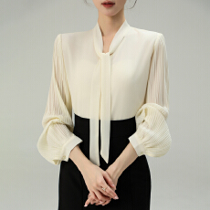 批发实拍~2026春季新款风琴百褶袖雪纺衬衫垂感不易皱通勤飘带上衣