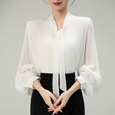 批发实拍~2026春季新款风琴百褶袖雪纺衬衫垂感不易皱通勤飘带上衣