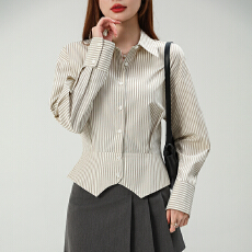 批发实拍~收腰条纹衬衫女士2026春季新款<b class='q'>职业</b>通勤衬衣开叉设计感上衣