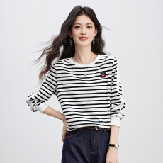 批发实拍~时尚休闲知性条纹打底衫T恤2026春秋季新款基础通勤长袖女