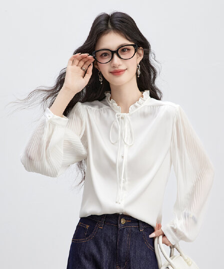 실사 2026 가을 목이버섯 레이스 스탠드 칼라 레이스 업 셔츠 광택 새틴 장기 소매 품격 맨위