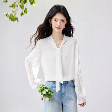 批发实拍~2026春季新款风琴百褶袖雪纺衬衫垂感不易皱通勤飘带上衣