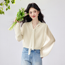 批发实拍~2026春季新款风琴百褶袖雪纺衬衫垂感不易皱通勤飘带上衣
