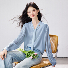 批发实拍~2026春季新款风琴百褶袖雪纺衬衫垂感不易皱通勤飘带上衣