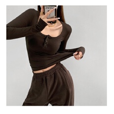 批发<b class='q'>欧美</b>修身排扣方领露锁骨打底衫女复古灰色内搭收腰显瘦长袖上衣潮