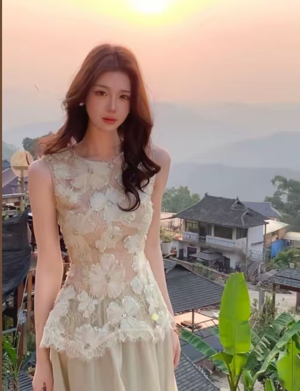 무쯔리 목자이 ~ 중 리 자수 빛 반사하다 주간 부드러운 3 차원 레이스 꽃 조끼 민소매 라운드 넥 맨위 반 스커트 세트