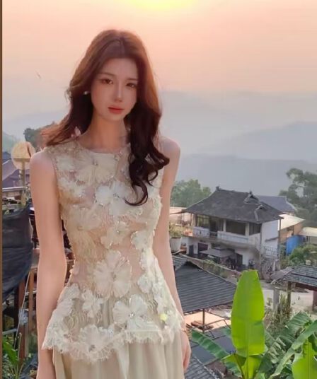무쯔리 목자이 ~ 중 리 자수 빛 반사하다 주간 부드러운 3 차원 레이스 꽃 조끼 민소매 라운드 넥 맨위 반 스커트 세트