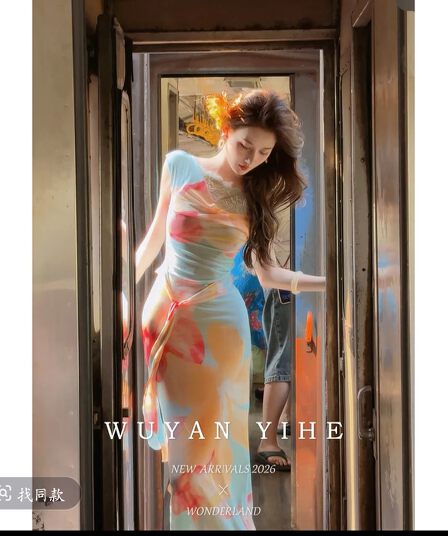 없음 연 하나 와우 ch Jiao 오리지널 디자인 센스 헤일로 염색 프린트 비스듬한 어깨 레이스 허리 수축 드레스