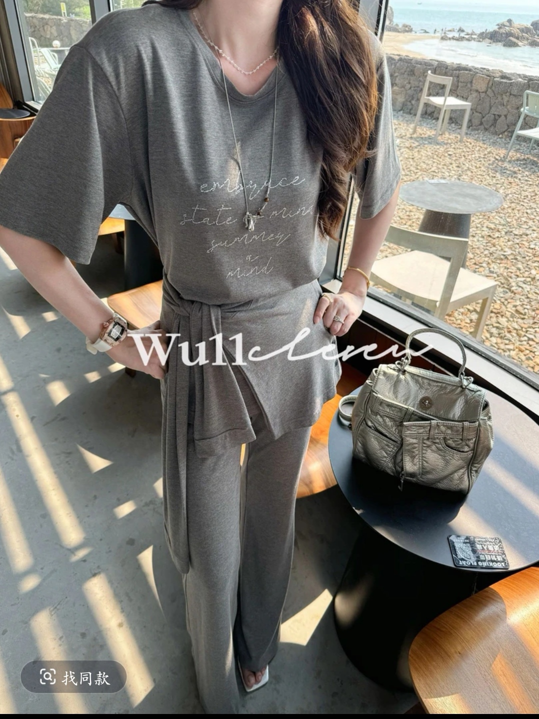 wu11 다용도 라운드 넥 루즈핏 반팔 티셔츠 허리 인감 높은 허리 바지 패션 3종 세트