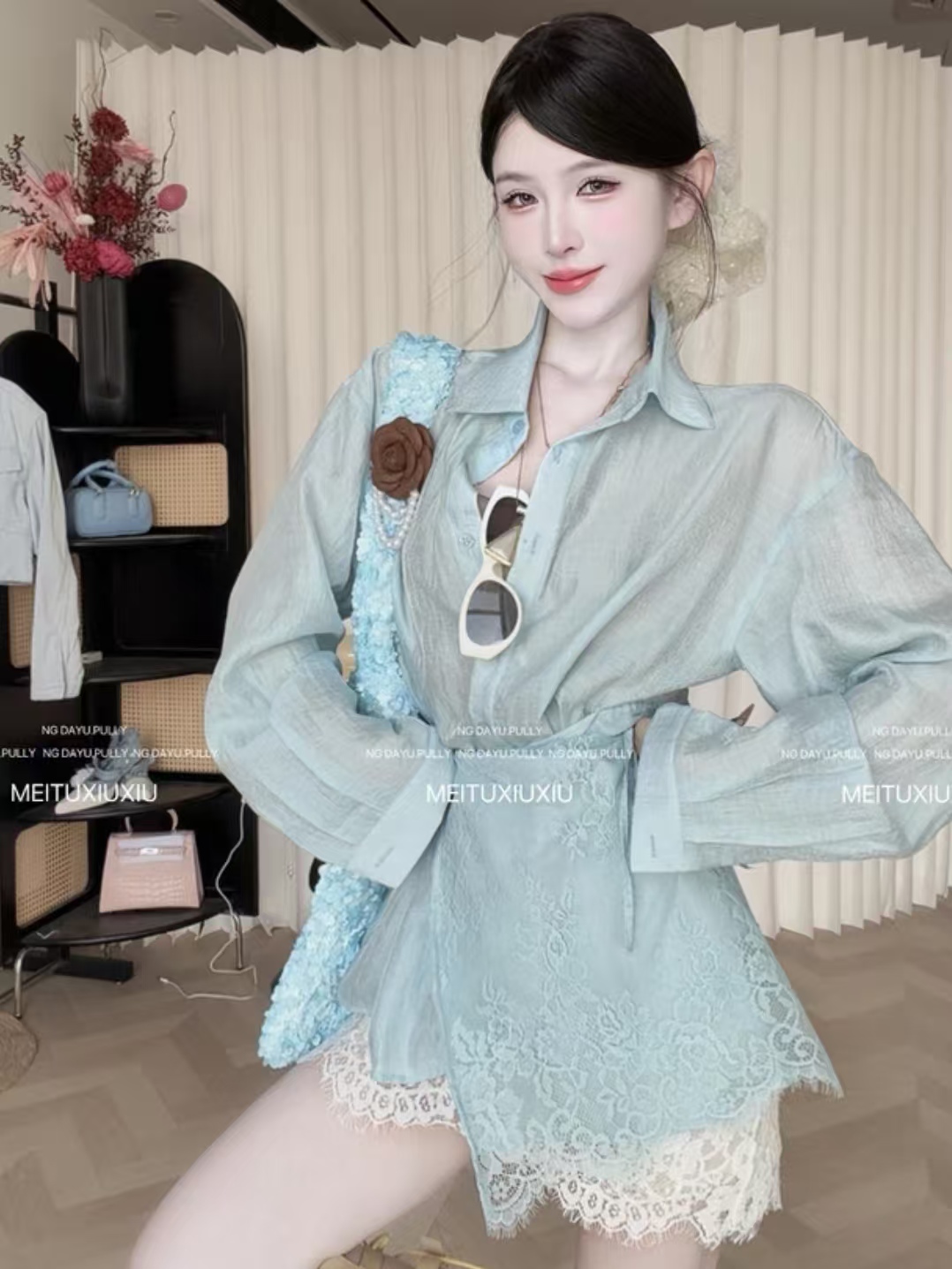 ng dayu 도쿄 잡지 직접 만든 프랑스식 레이스 방귀 커튼 스트랩 셔츠 레이스 레이스 미니 스커트