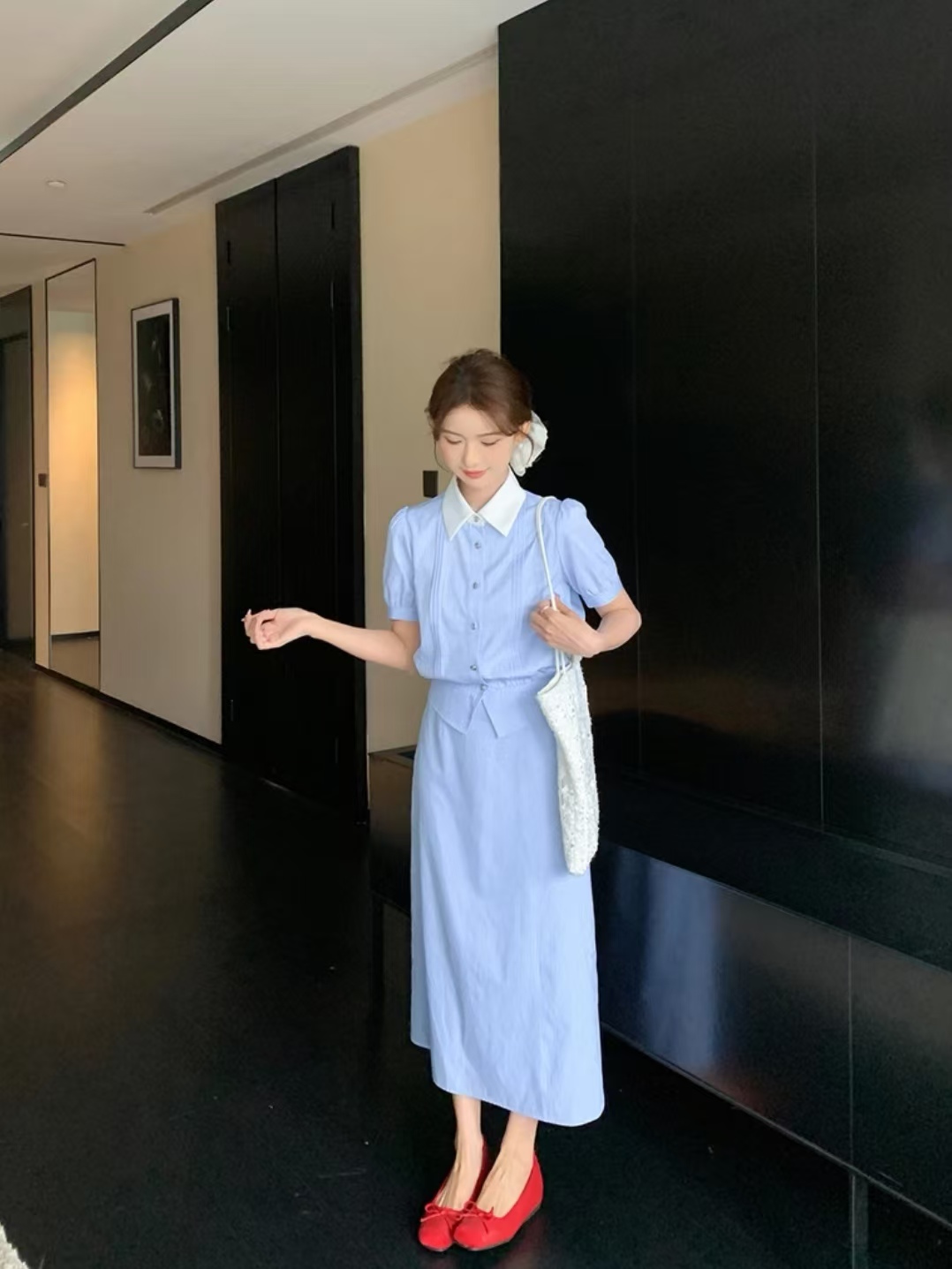 shaoer 블루 화이트 사랑 노래 프랑스식 학원 스타일 여름 청소 상쾌 세트